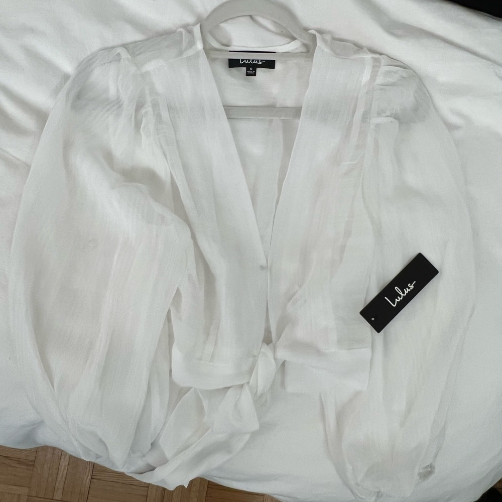 Lulu’s In the Breeze White Sheer Long Sleeve Tie-Front Top